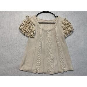 Sweater Womens Small Ivory Cable Knit Short Sleeve Loop Fringe Pullover Angora